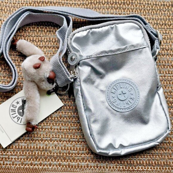 Kipling TALLY brand new mobile phone bag crossbody bag metallic silver - Picture 1 of 16